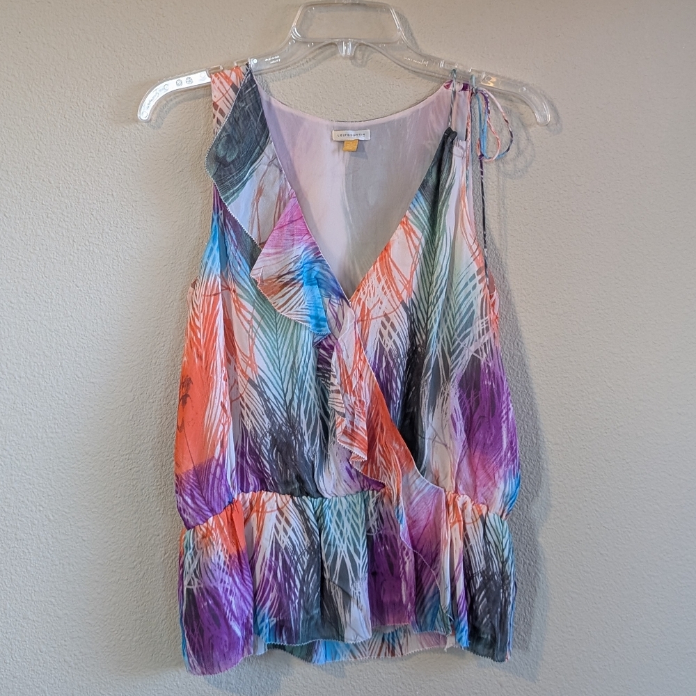 Leifsdottir Size 0 Colorful Sleeveless Women's Top Peacock Pattern 100% Silk
